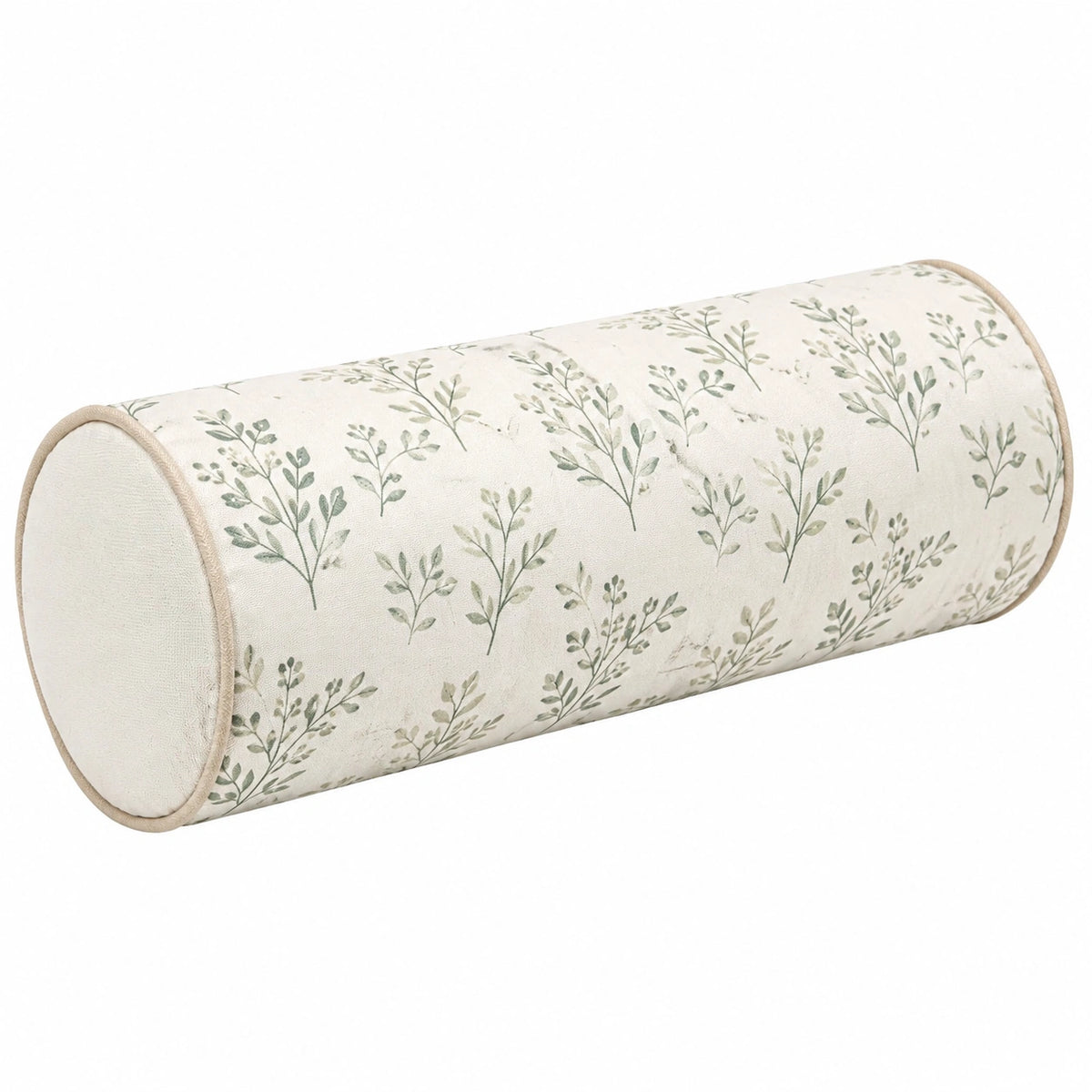 Cuscino cilindrico 15 x 45 cm in tessuto avorio con motivo botanico - decorativo