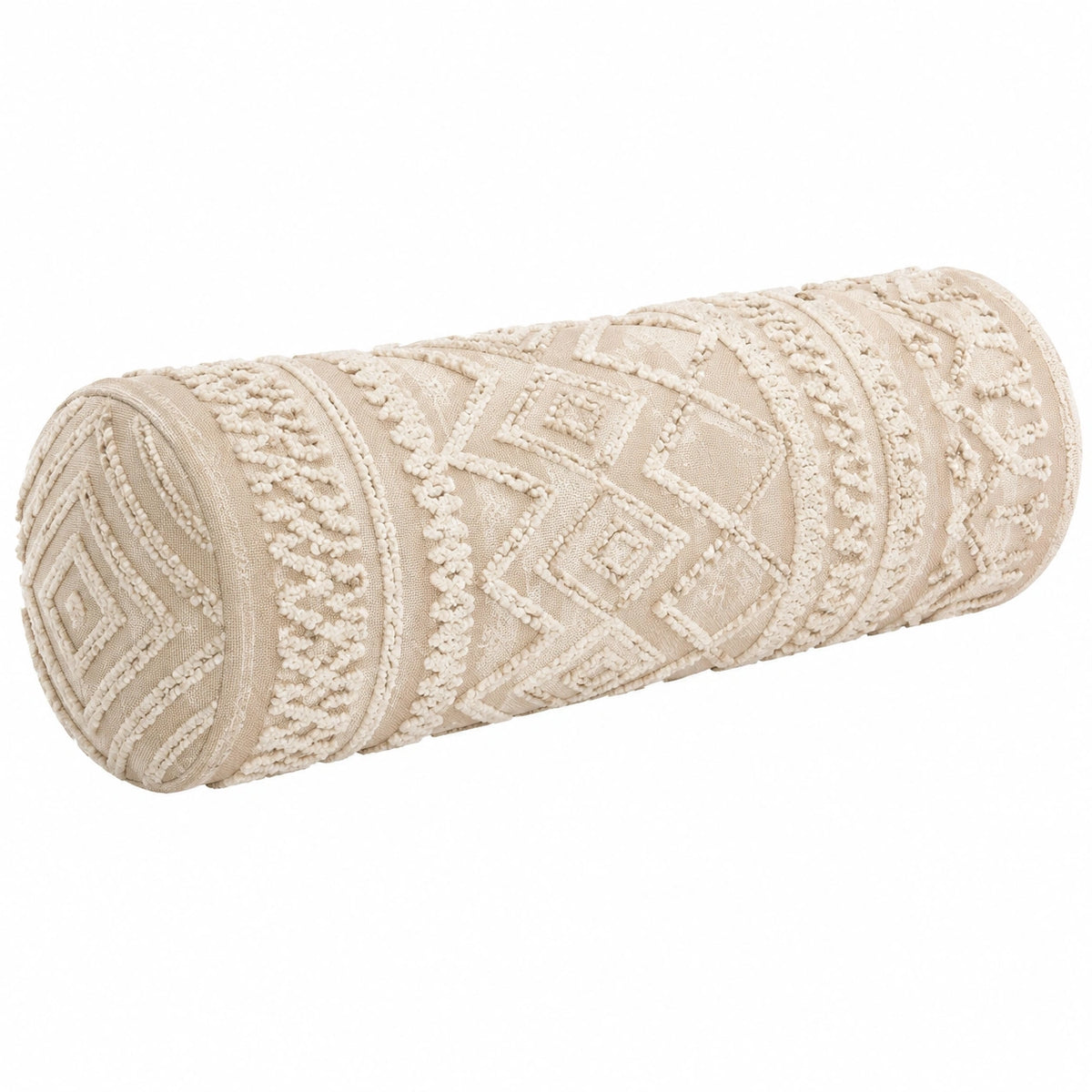 Cuscino cilindrico 20 x 50 cm in tessuto beige con trama geometrica stile boho