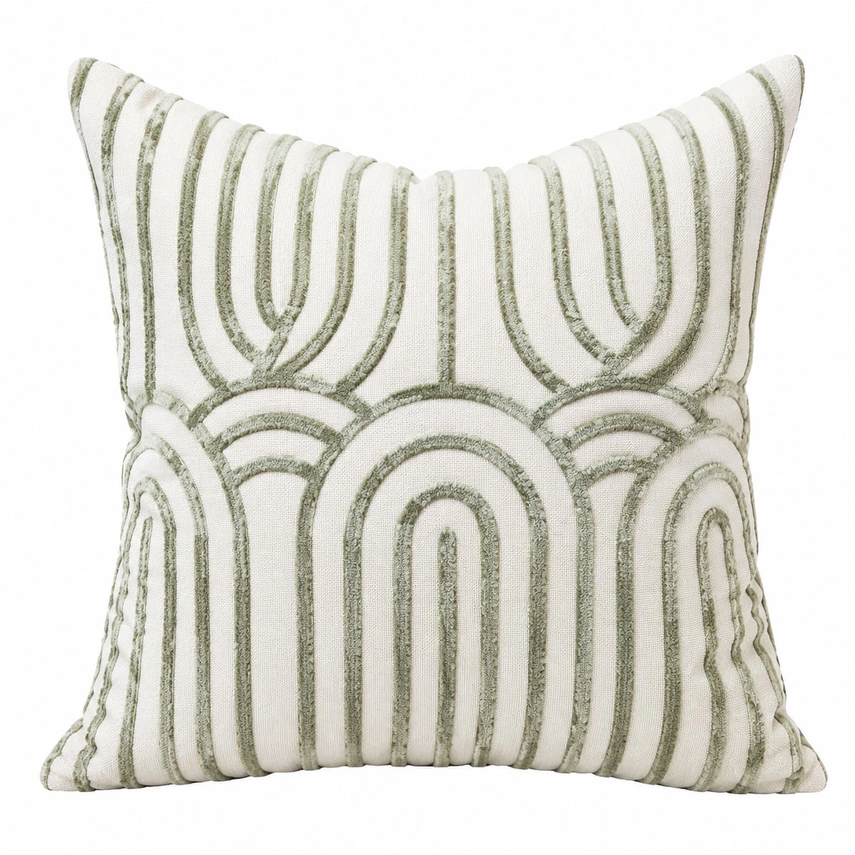 Cuscino decorativo quadrato 45 cm in tessuto bianco e verde salvia con motivo geometrico in rilievo