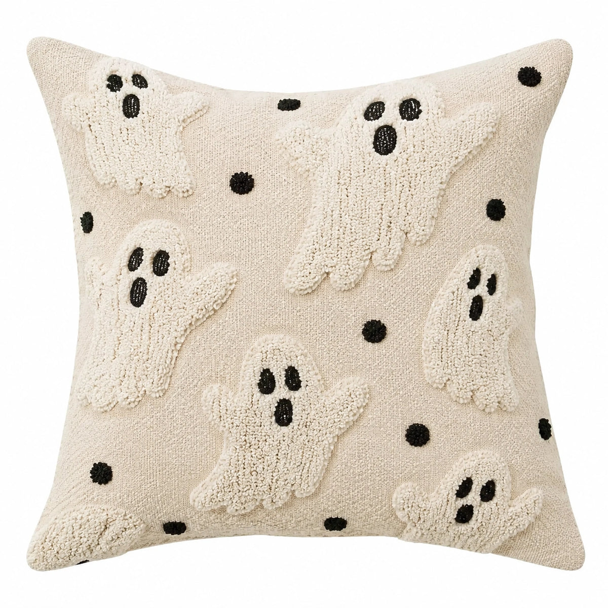 Cuscino decorativo quadrato 45 cm in tessuto beige e nero con fantasmi in rilievo - stile Halloween