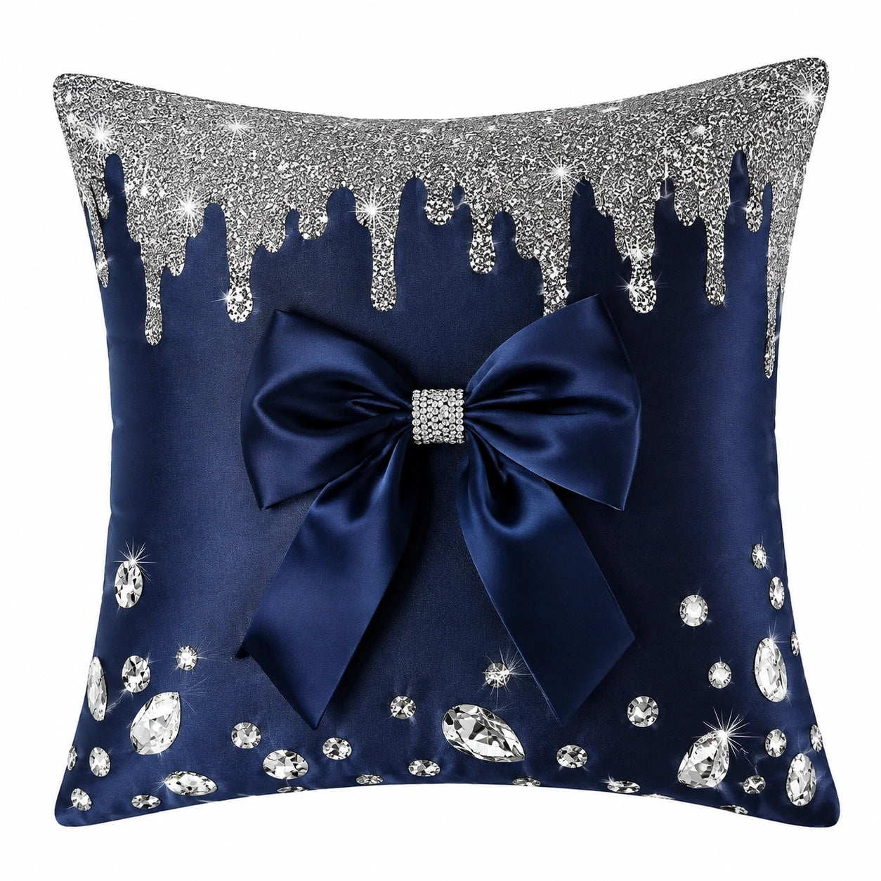 Cuscino decorativo quadrato 45 x 45 cm in tessuto effetto raso blu navy con fiocco stile elegante