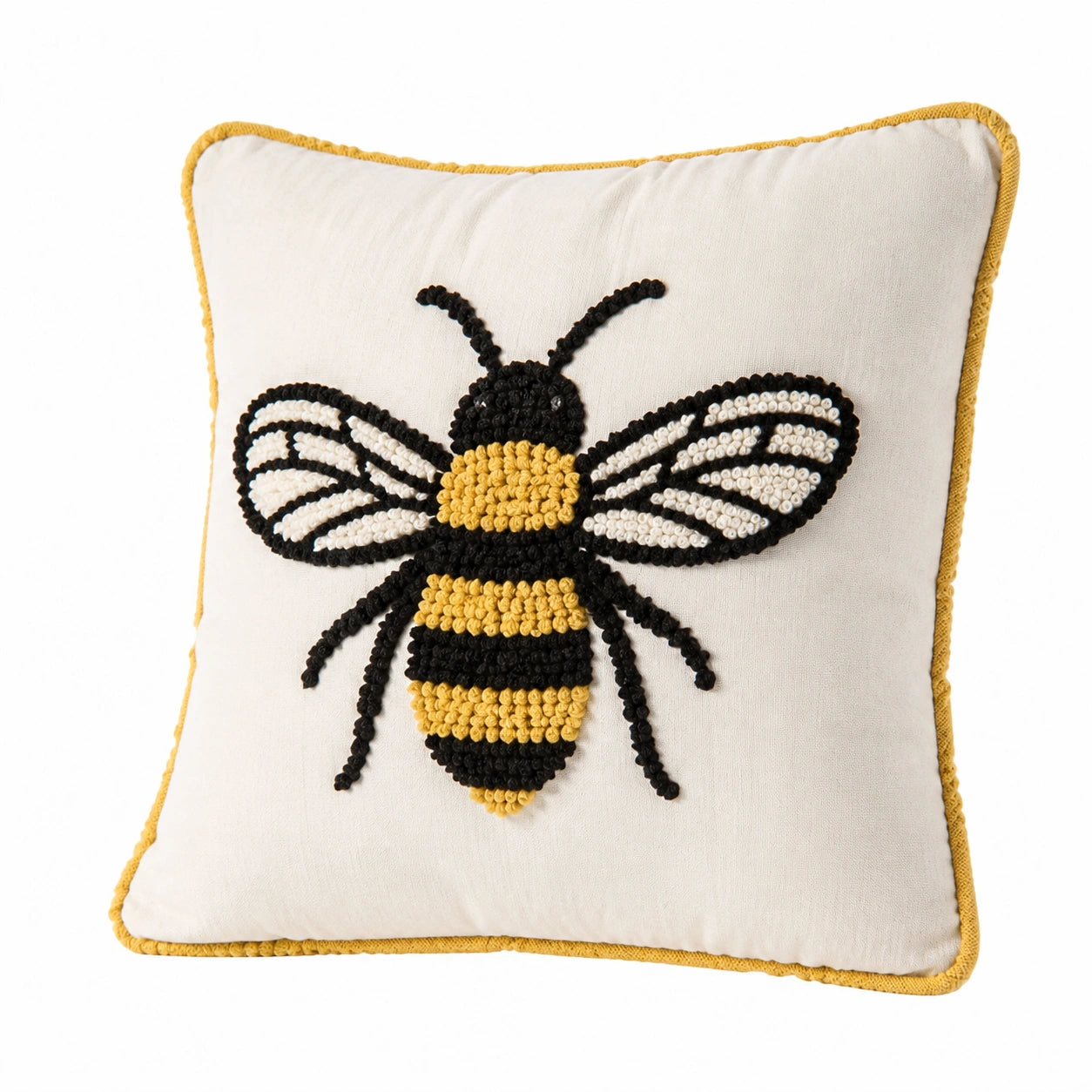 Cuscino decorativo quadrato 45 cm in tessuto bianco e giallo con ape ricamata