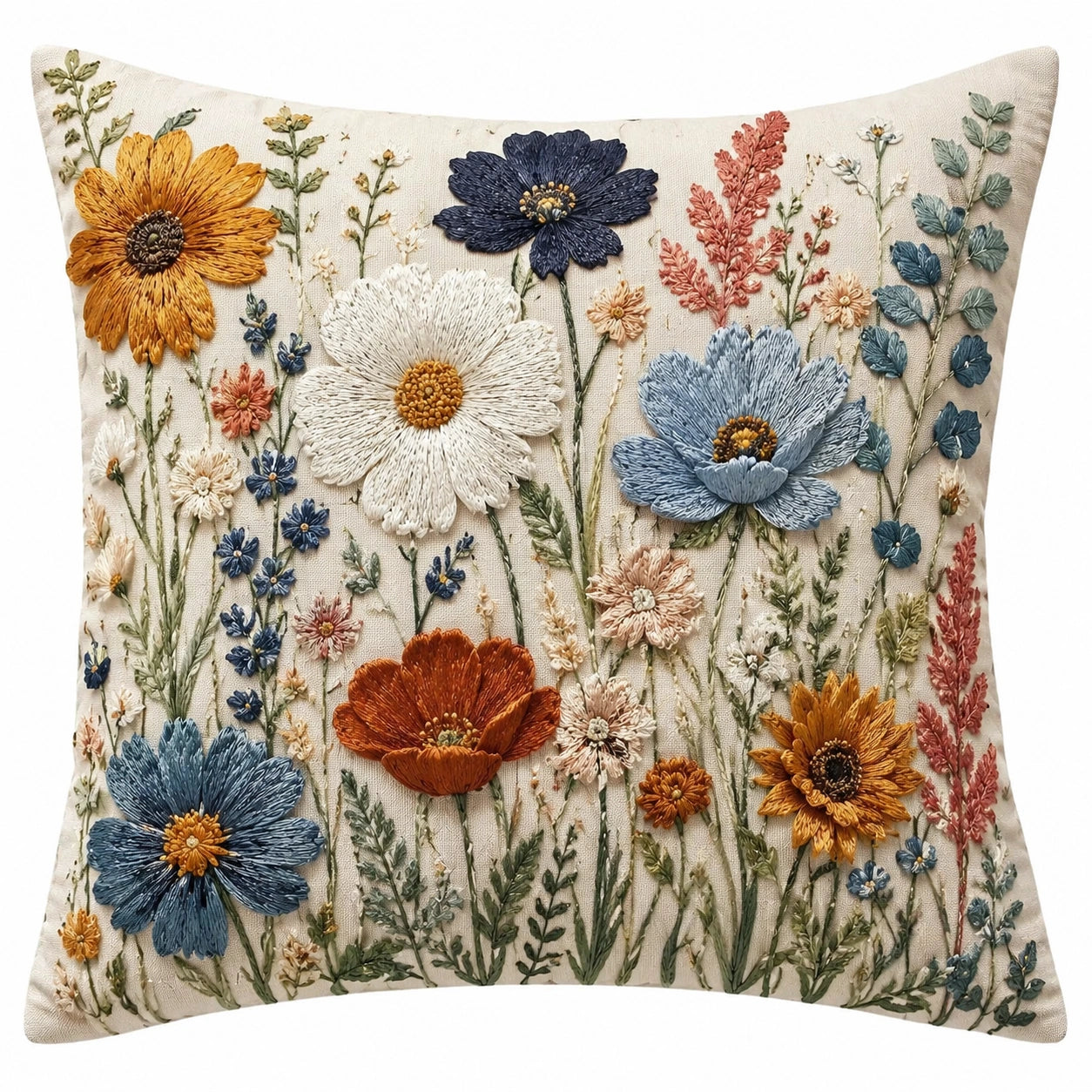 Cuscino decorativo quadrato 45 x 45 cm in tessuto beige con ricamo floreale stile botanico