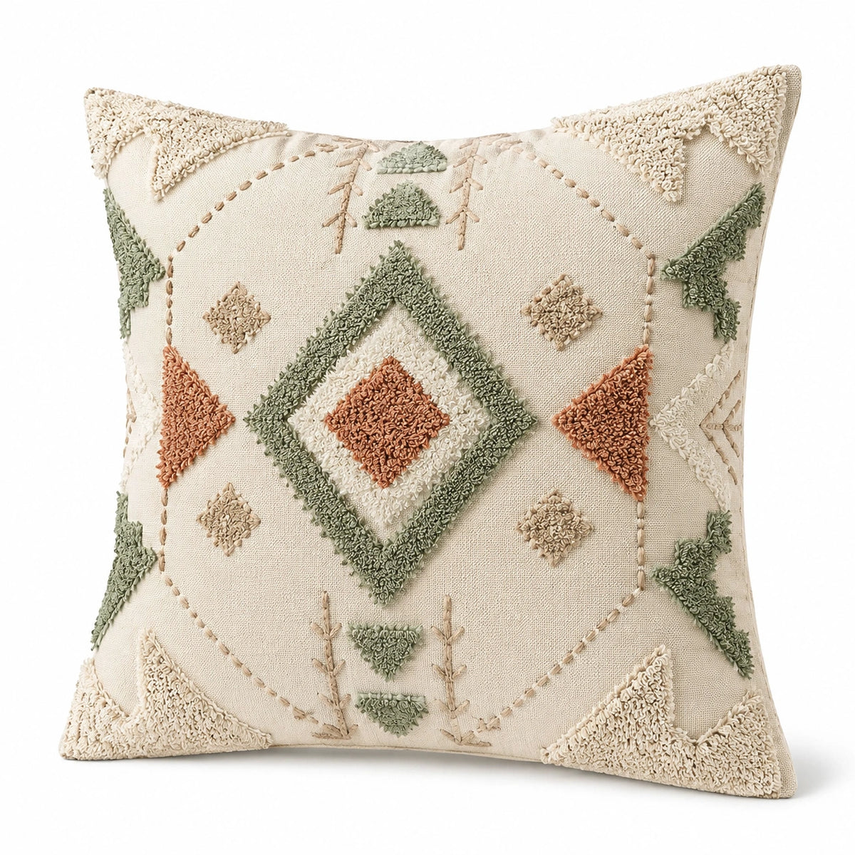 Cuscino decorativo quadrato 45 cm in tessuto avorio con ricamo verde salvia e terracotta
