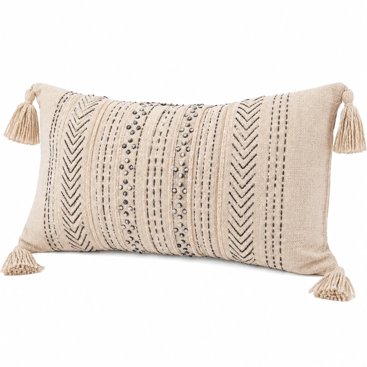 Cuscino decorativo rettangolare 50 x 30 cm in tessuto beige e nero con nappe stile boho