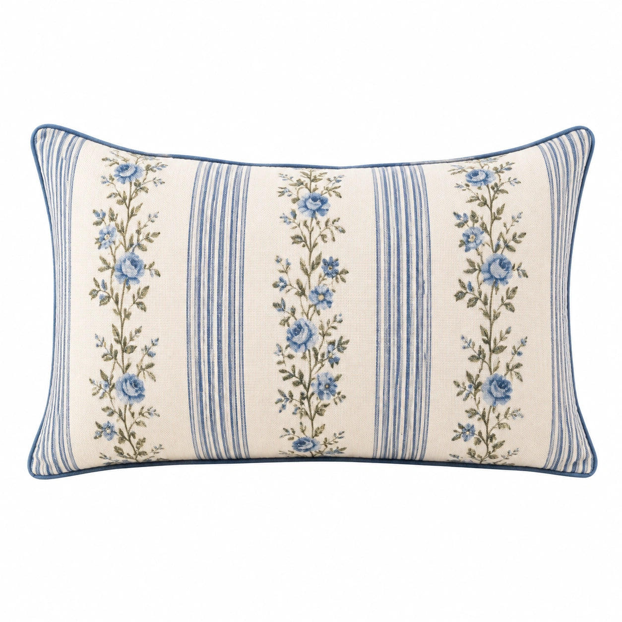 Cuscino rettangolare 50 x 40 cm in tessuto crema e blu con motivo floreale a righe