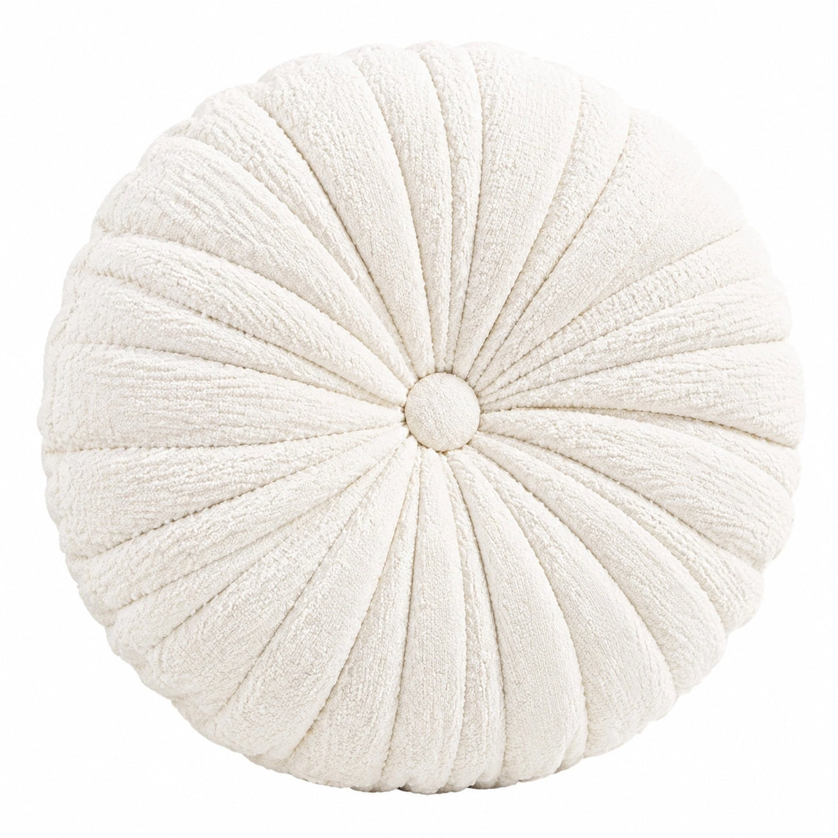 Cuscino decorativo rotondo diametro 45 cm in tessuto bouclé avorio con pieghe stile moderno