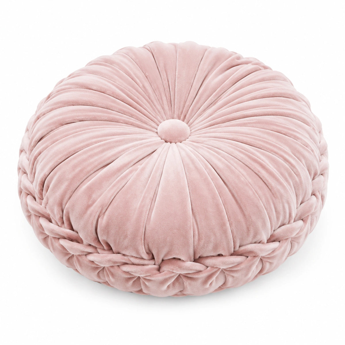 Cuscino rotondo 40 cm in velluto rosa con pieghe decorative