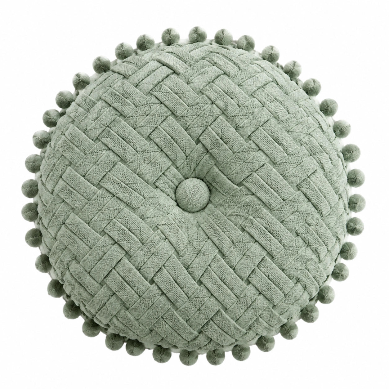 Cuscino decorativo rotondo 40 cm in tessuto verde salvia intrecciato con pon pon