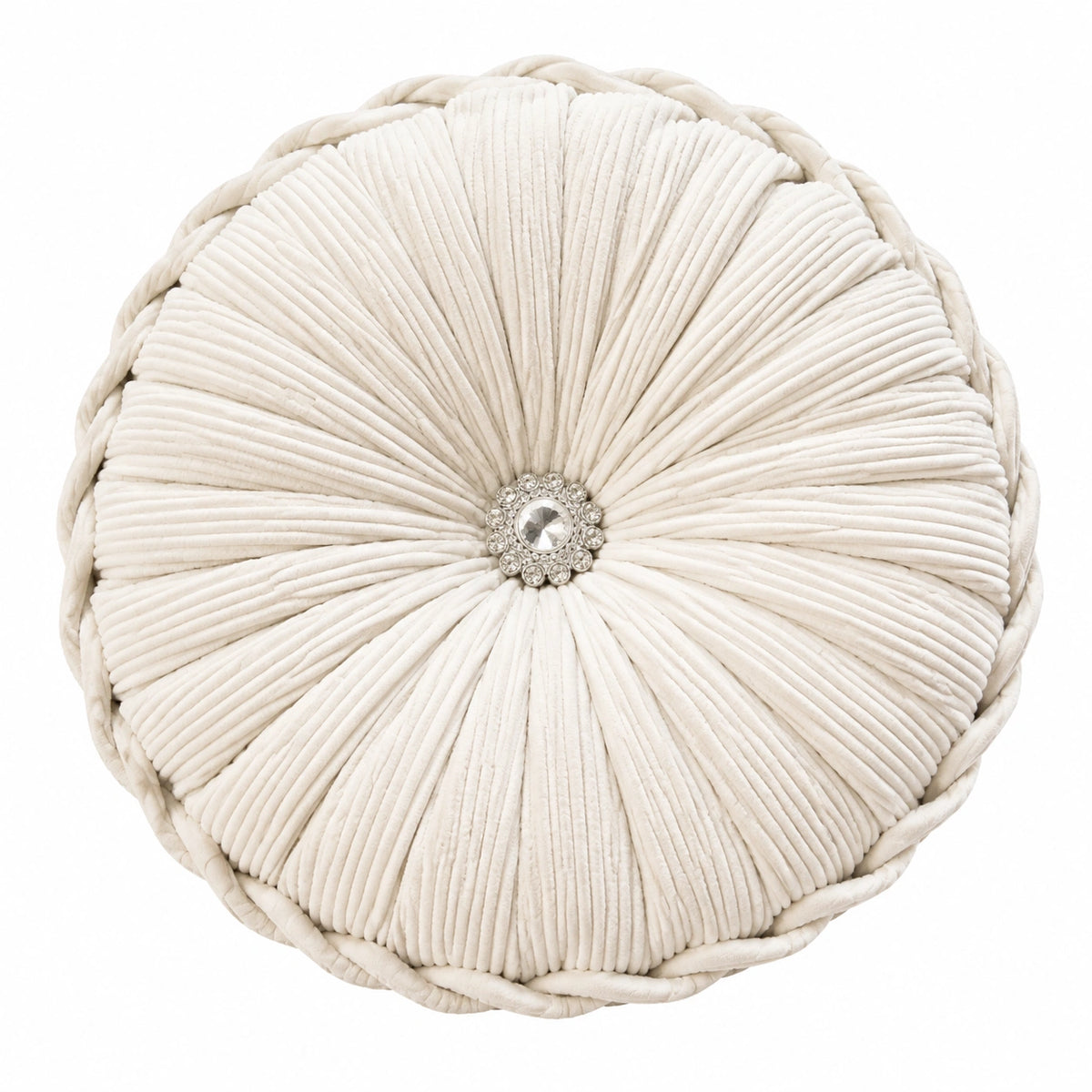 Cuscino decorativo rotondo 45 cm in tessuto a coste avorio con bottone centrale